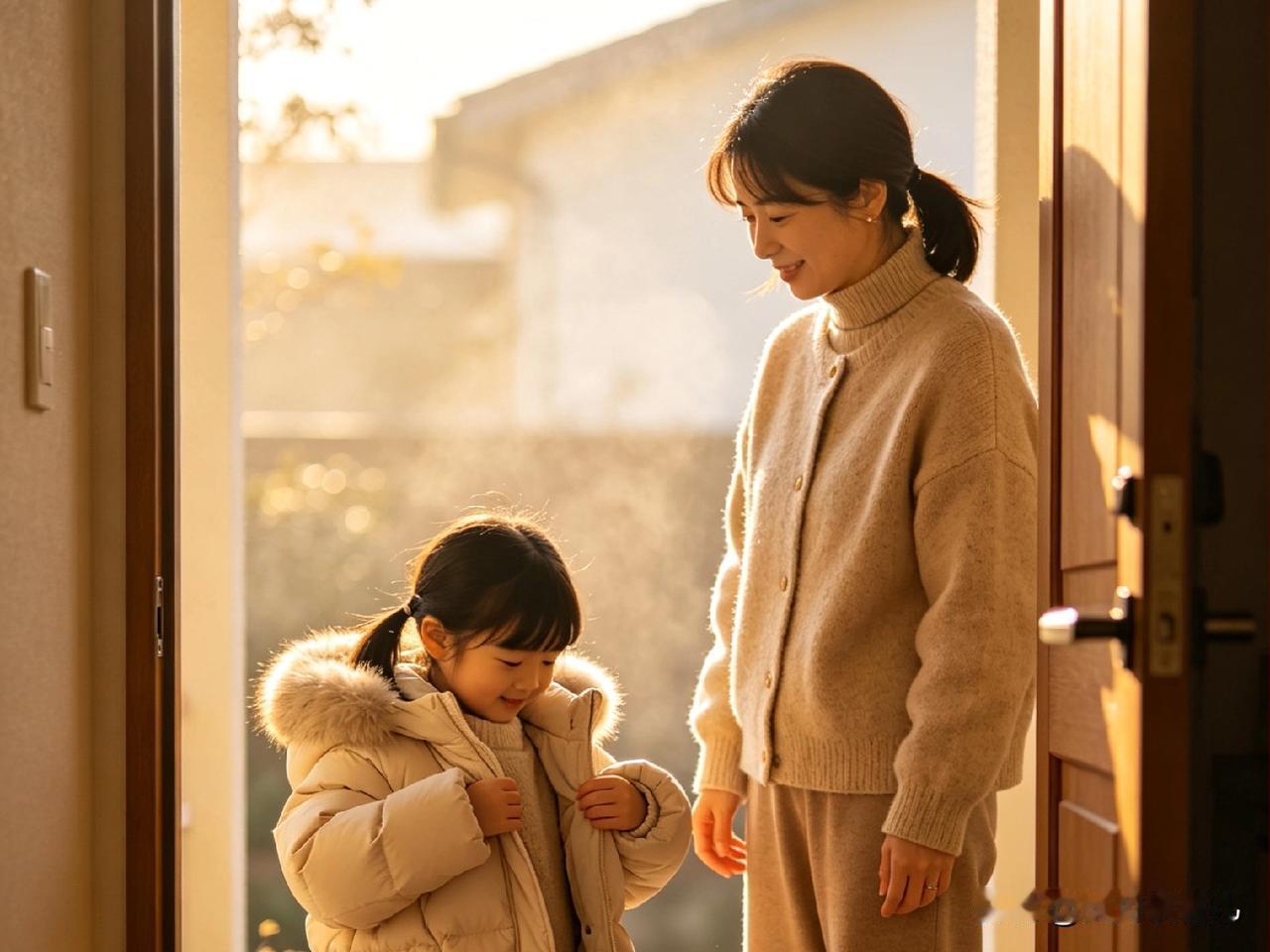 早上赶时间，女儿执意要自己穿外套。
 
羽绒服袖子又厚又硬，她小手笨拙地伸进去，