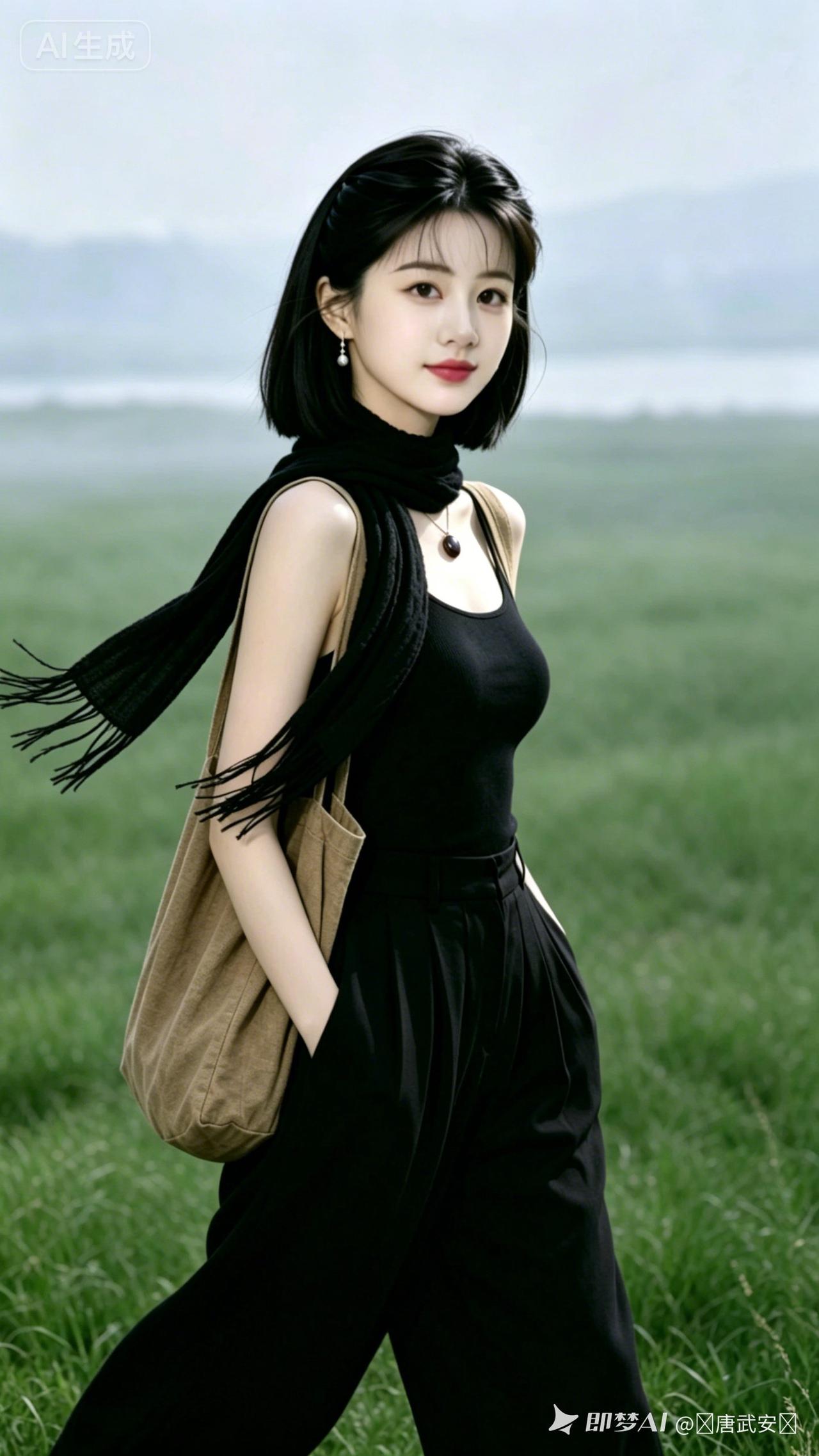 东方女子拥有曼妙沙漏身段，黑吊带搭配随风晃动的阔腿黑裤，流苏围巾与吊坠精致亮眼。