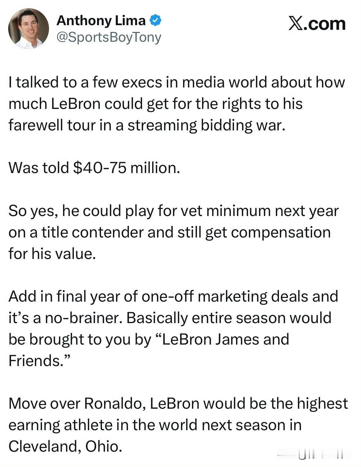 天价告别！！！詹姆斯退役巡演版权估值近7500万，底薪回骑士成可能！

根据克利