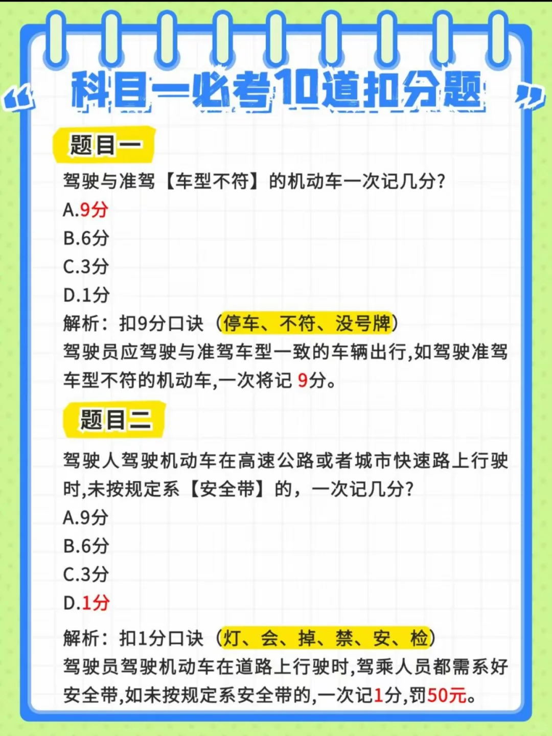 科目一必考扣分题