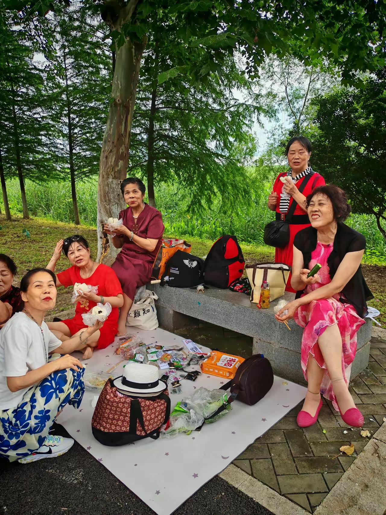 在公园偶然遇见几位悠然自得的大妈，说真的，看到她们还挺令人羡慕的。
从她们的穿衣