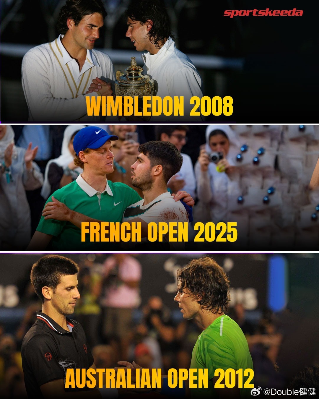 给这三场大满贯决赛排个序：2008温网决赛2025法网决赛2012澳网决赛ATP