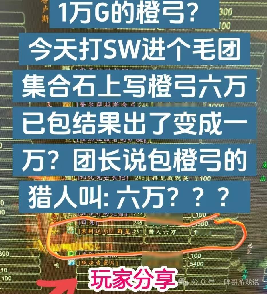 哈哈哈哈哈哈，金团喊猎人六万包橙弓，最后发现钱只出一万，包的人叫“猎人六万” ​