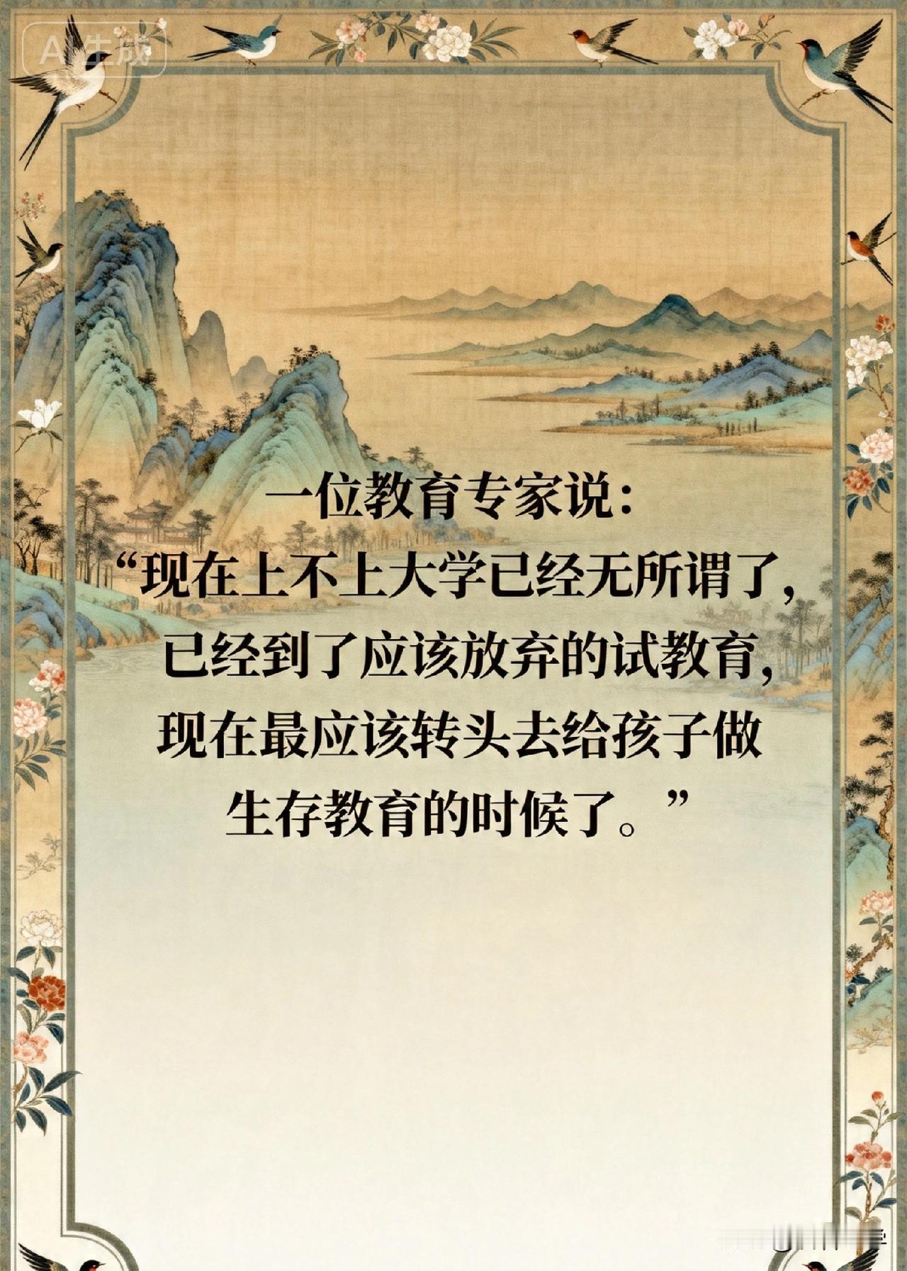 一位教育专家说：“现在上不上大学已经无所谓了，已经到了应该放弃应试教育，现在最应