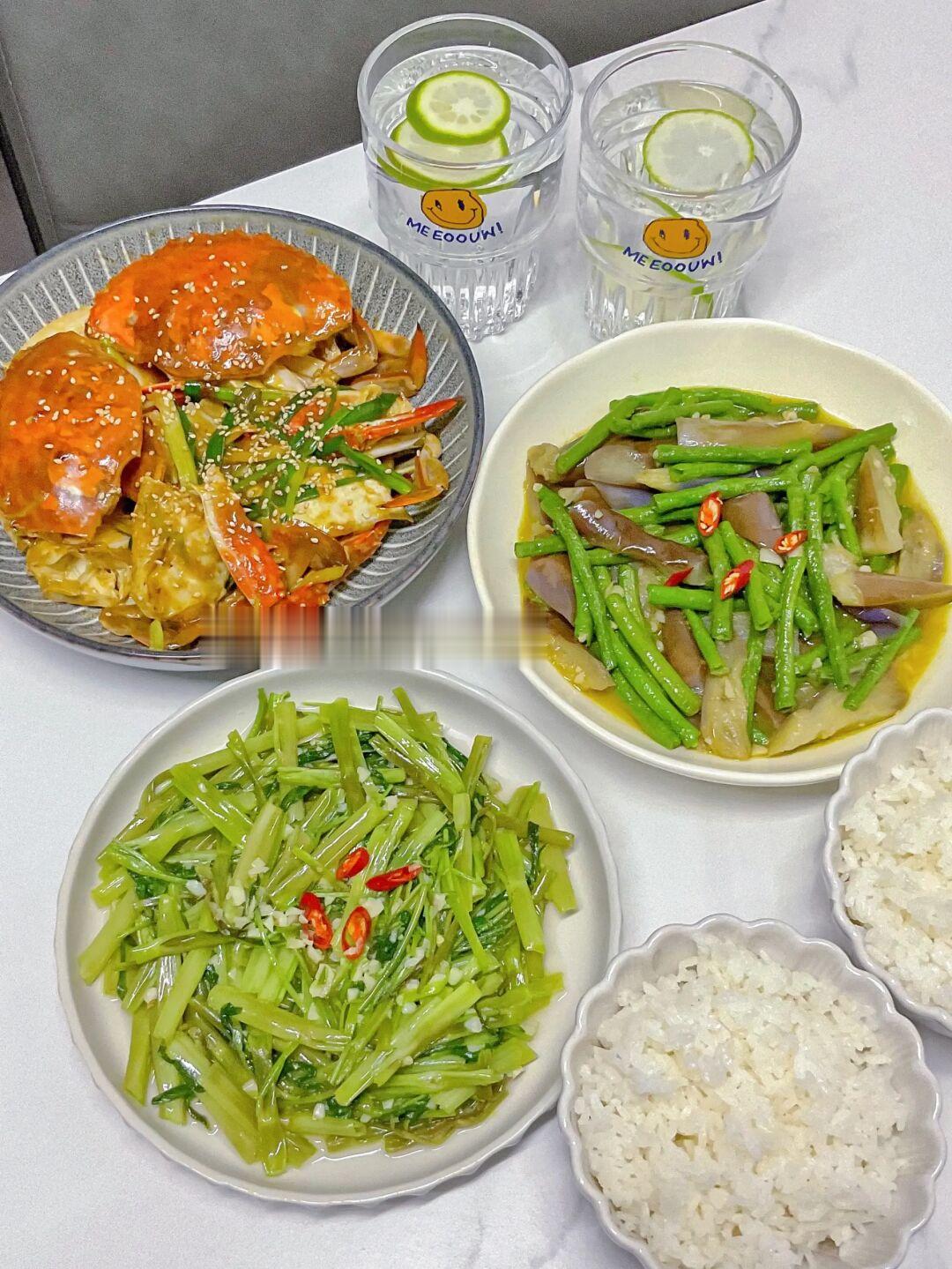 ✅晚餐分享|葱姜梭子蟹➕茄子豆角➕空心菜