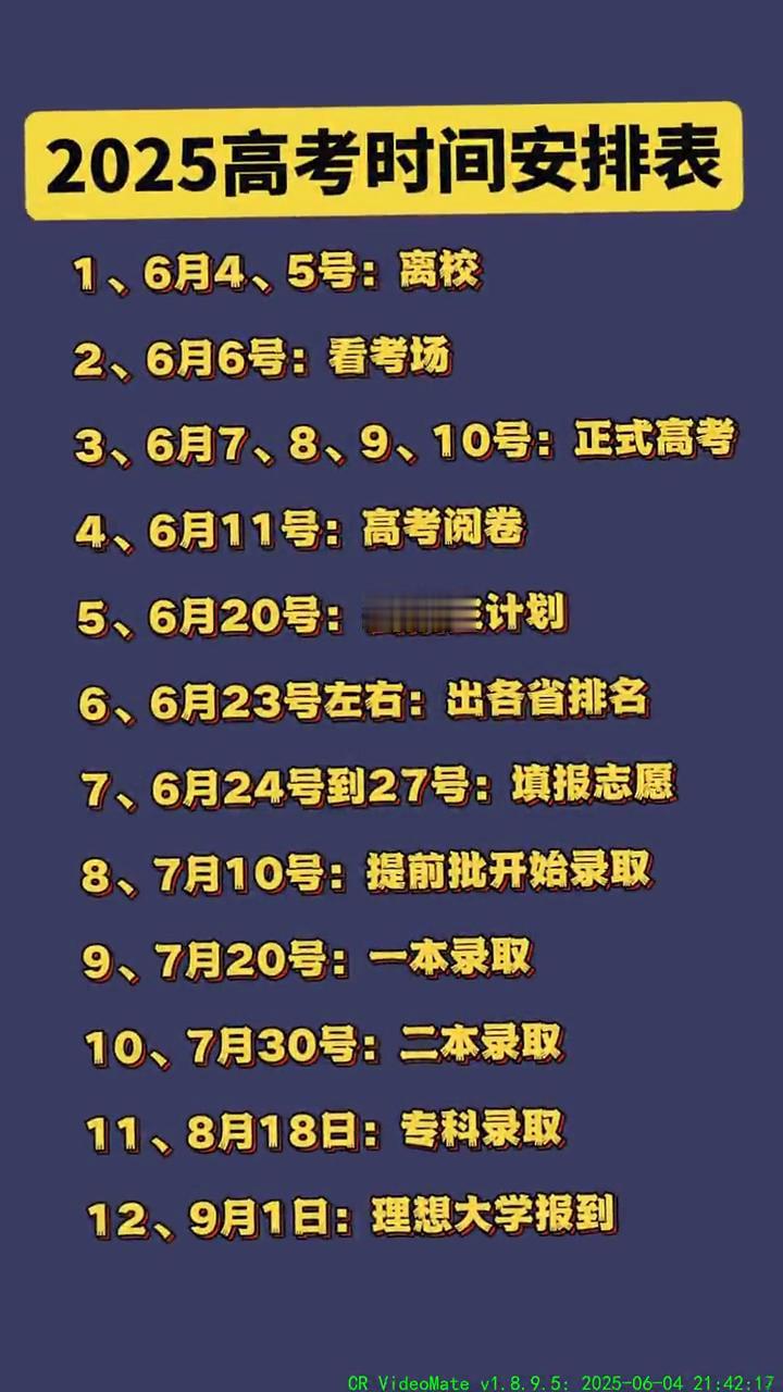 2025高考时间安排表。
·1、6月10号：看考场。
·2、6月6号：看考场。