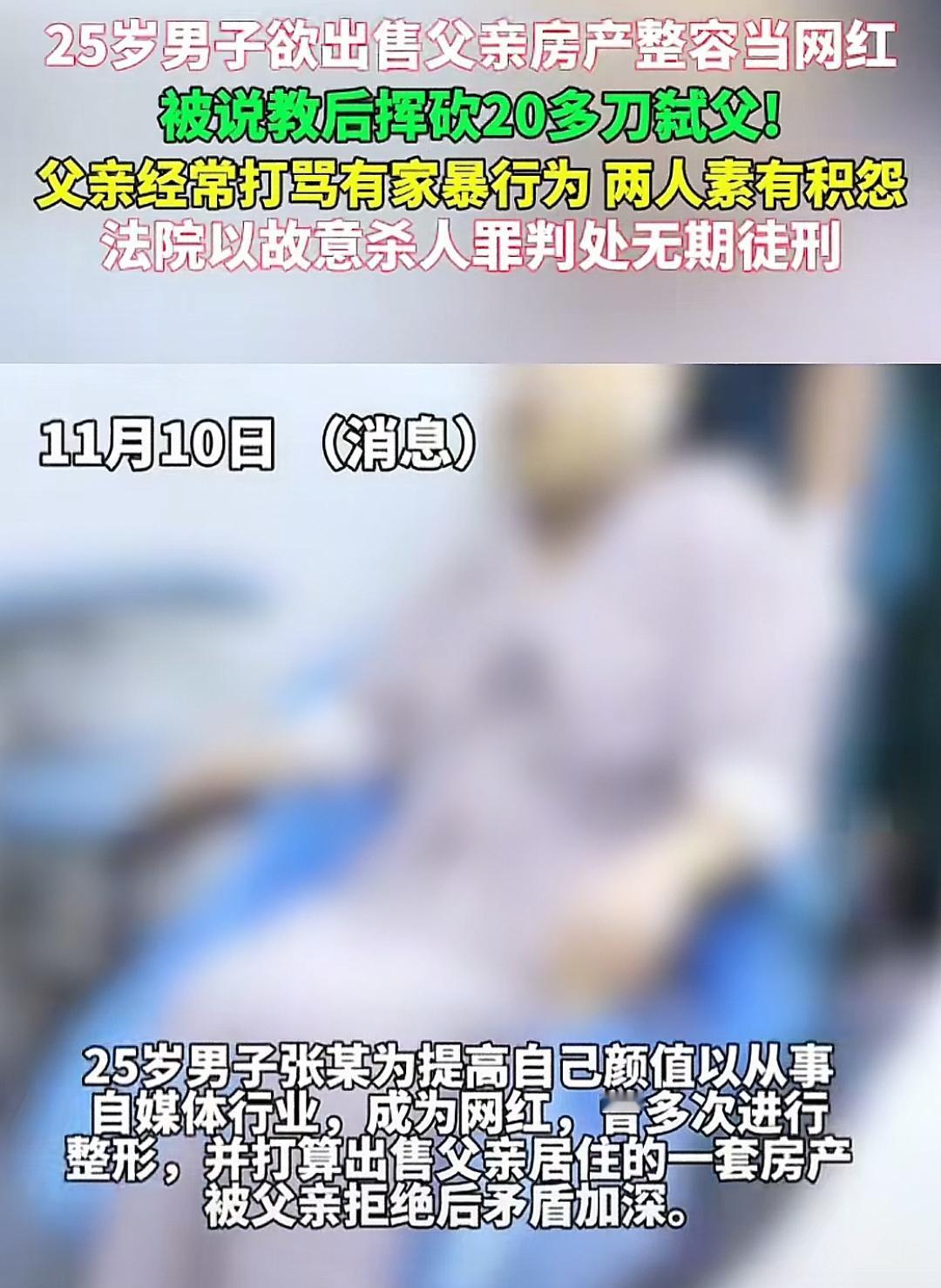 为整容当网红 25岁男子竟想卖父亲的房产！被说教后20多刀弑父 幼时曾遭家暴，男