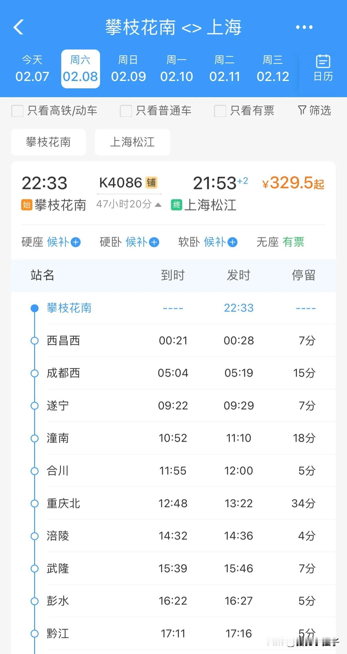 春运过后，攀枝花往返上海的这趟普速列车应该要保留下来。这是目前攀枝花和西昌地区往