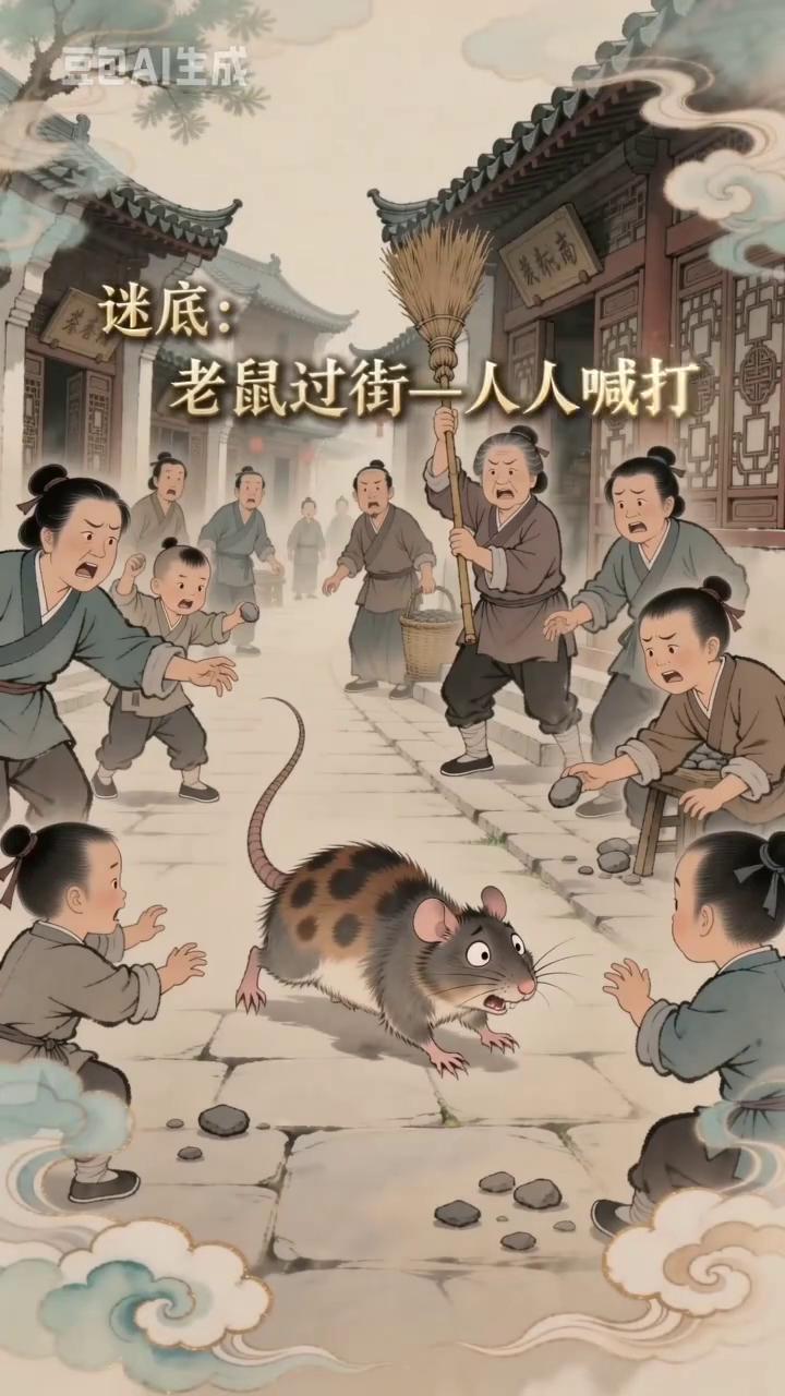 看图猜歇后语，一起来猜猜。
谜底：老鼠过街，人人喊打。用来形容作恶多端、惹人厌恶