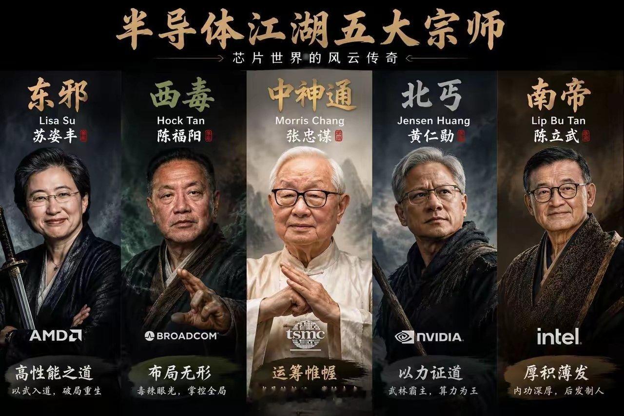 没想到吧，当今的半导体江湖，有五大宗师。AMD的苏姿丰，博通的陈福阳，台积电的张
