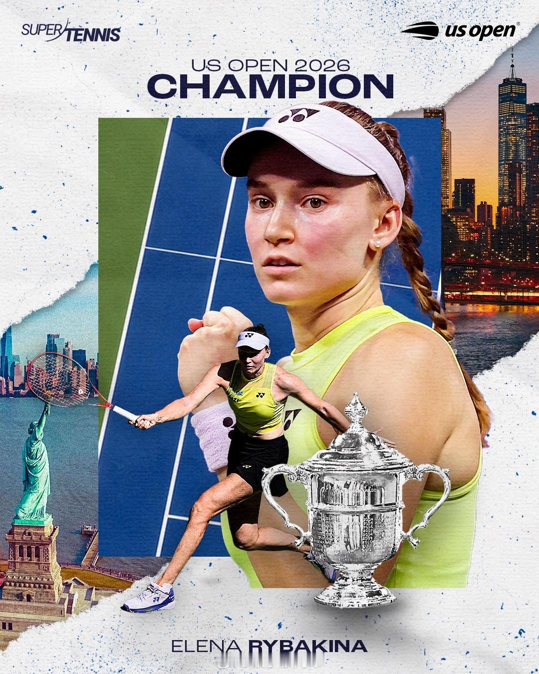 世界第一☝️，美网首冠🏆。双倍恭喜莱巴金娜🎉🎉莱巴金娜大满贯第3冠莱巴金娜