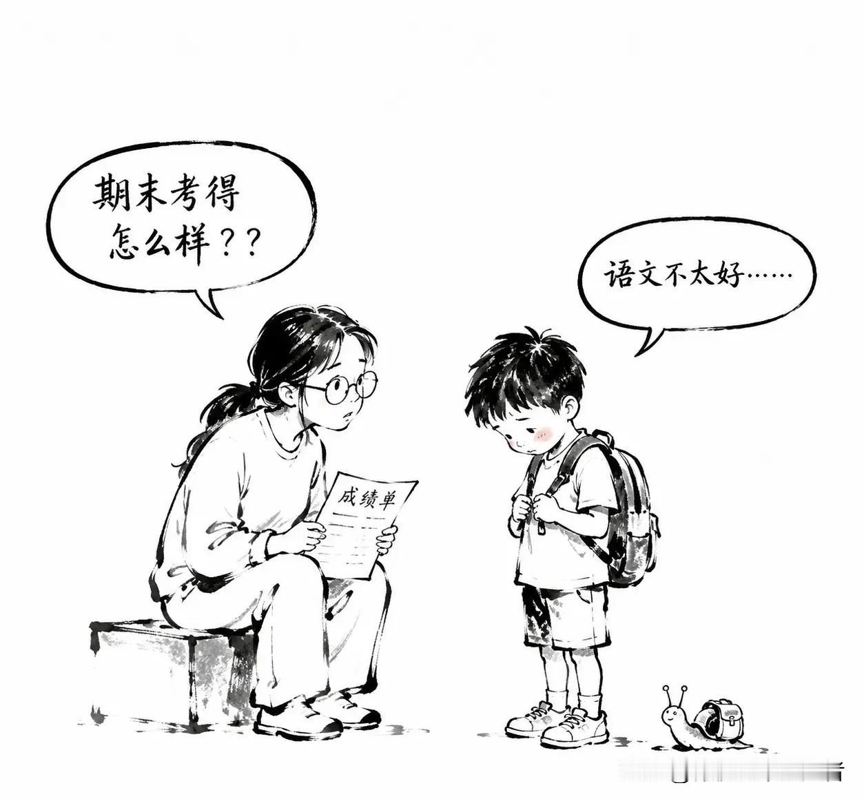 趣味漫画：姐姐问：“期末考得怎么样？”弟弟低着头：“语文不太好……”姐姐叹气：“