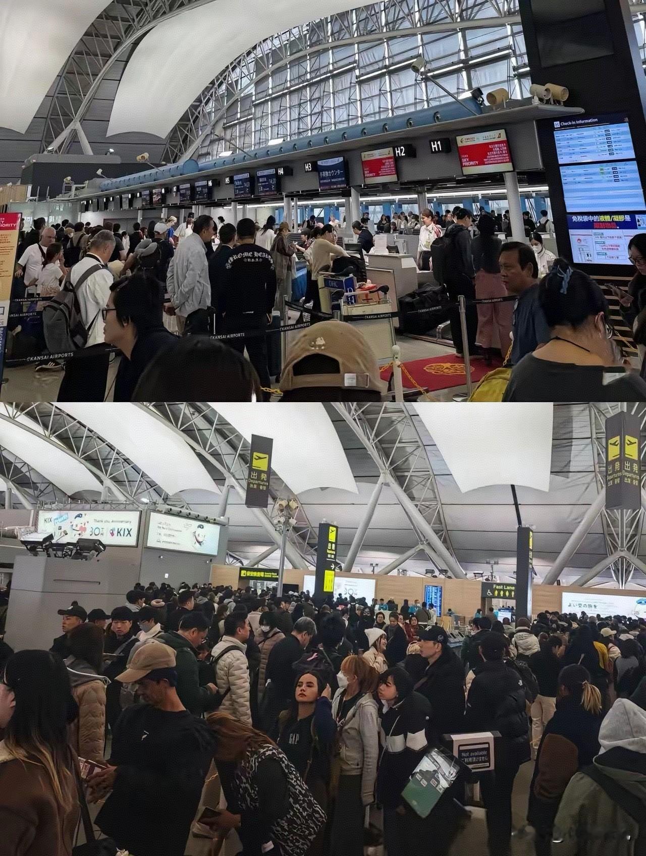 非要去日本，这下尝到后果了吧？ 日本关西机场里，想回国的中国人排得满满当当，队伍