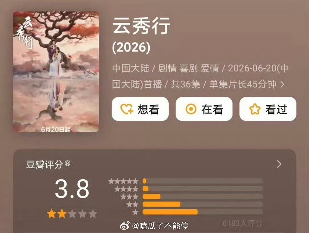 李一桐、曾舜晞、邓为《云秀行》豆瓣开分3.8，这么低的吗