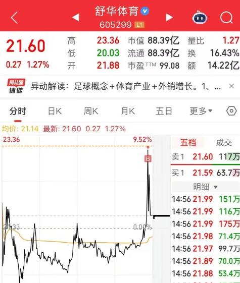 舒华体Y，这散户也太会买了吧，量化都买不到这最高点吧！体育龙头舒华早上开两个点后