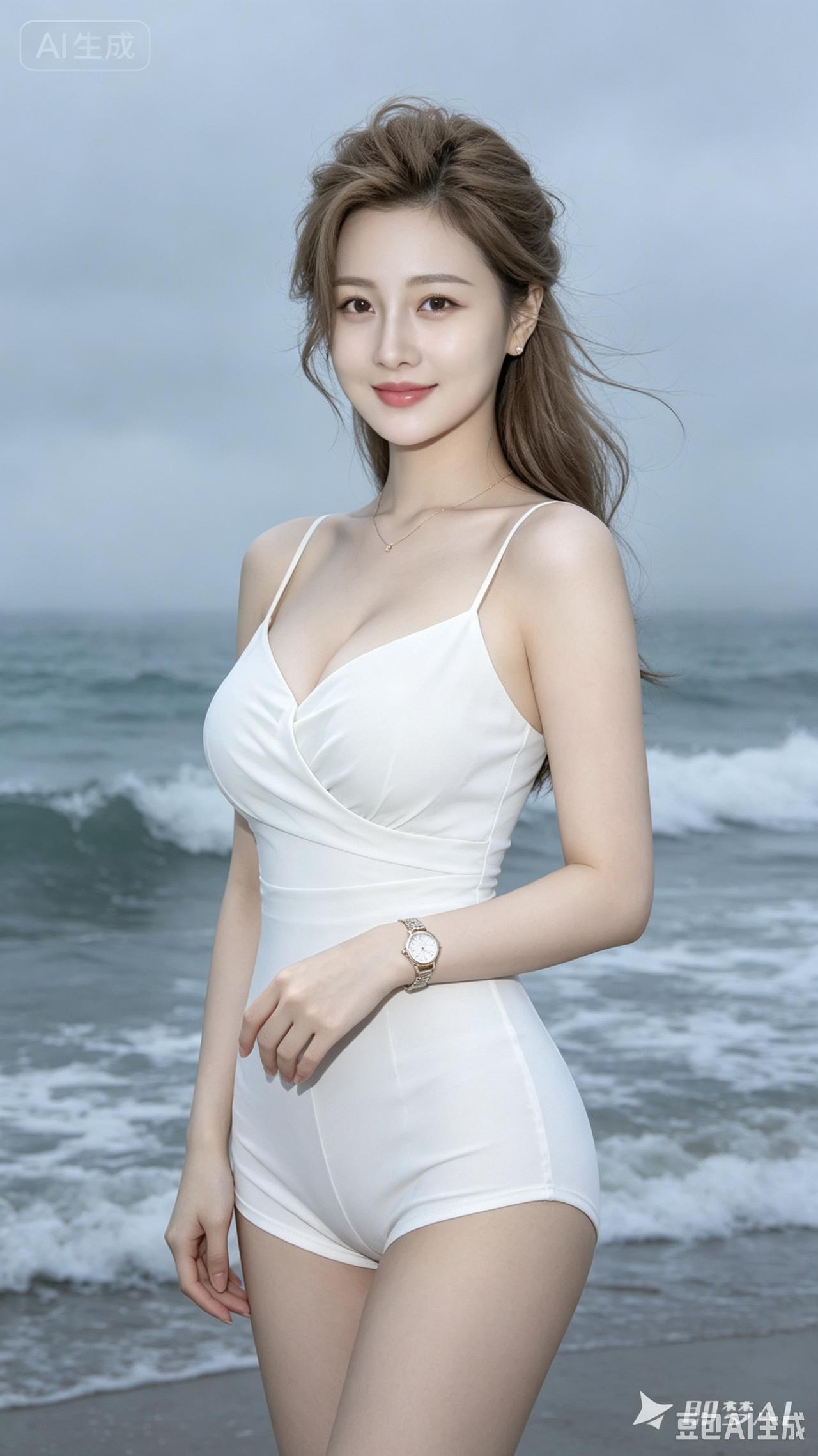 海边美女穿着白色泳衣，微笑拍照。