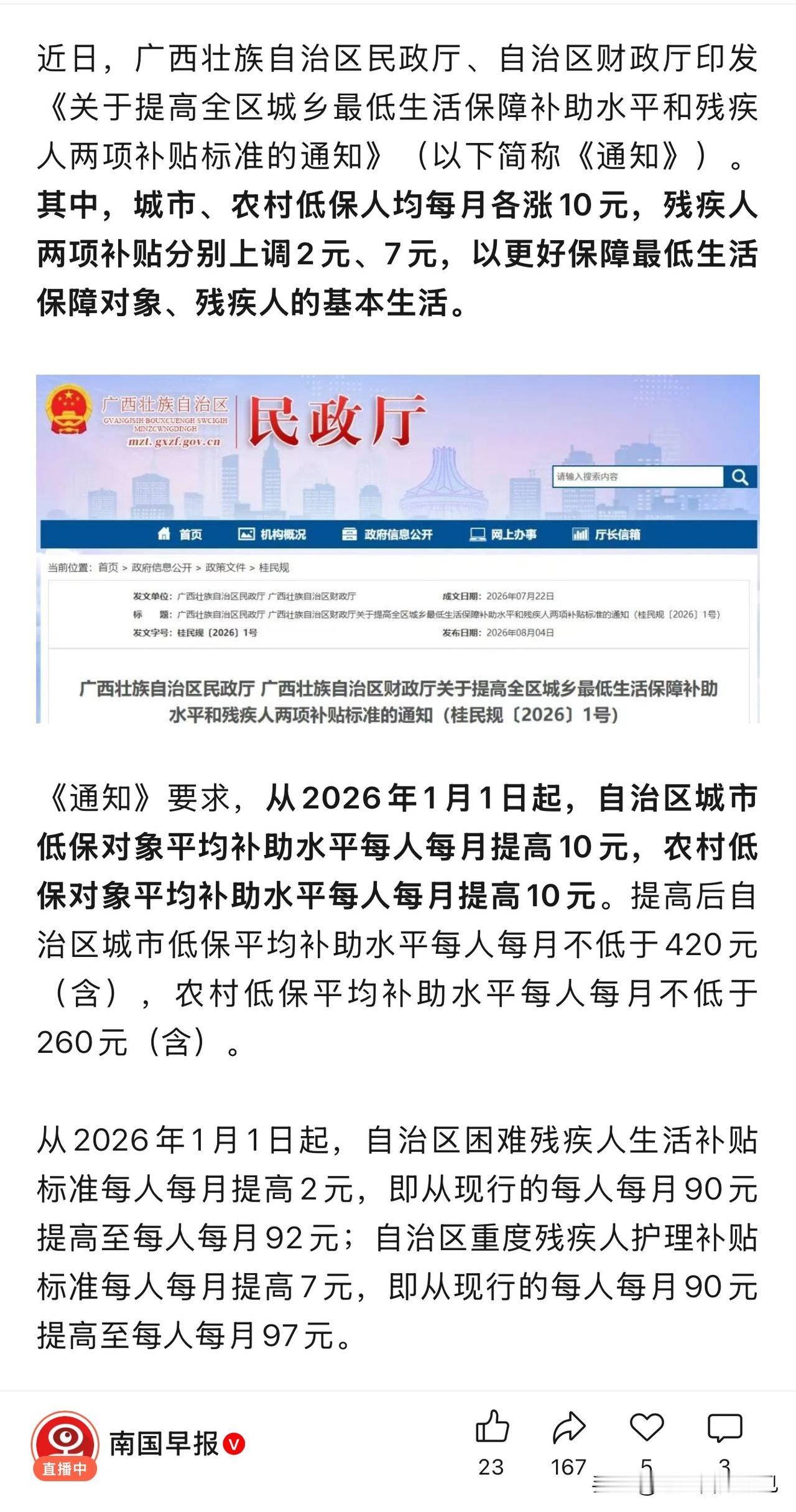 广西上调低保与残疾人两项补贴，是民生兜底的一件实事。涨幅看着比较克制，低保每月涨