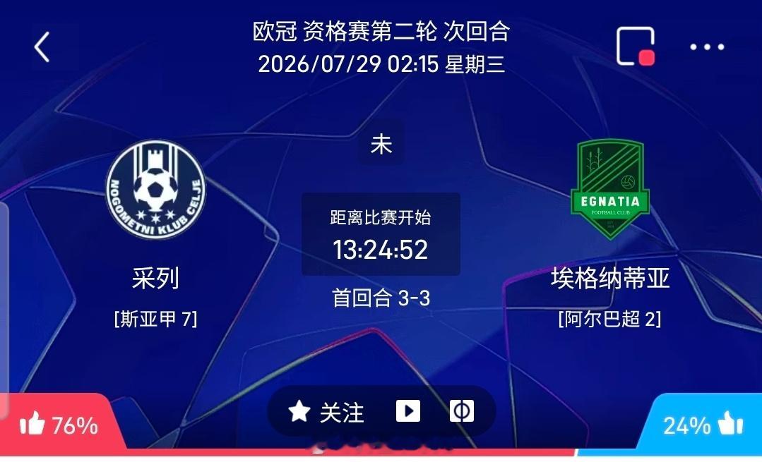 【足球】周二欧冠方向：采列vs埃格纳蒂欧冠 采列 VS 埃格纳蒂比赛时间：202