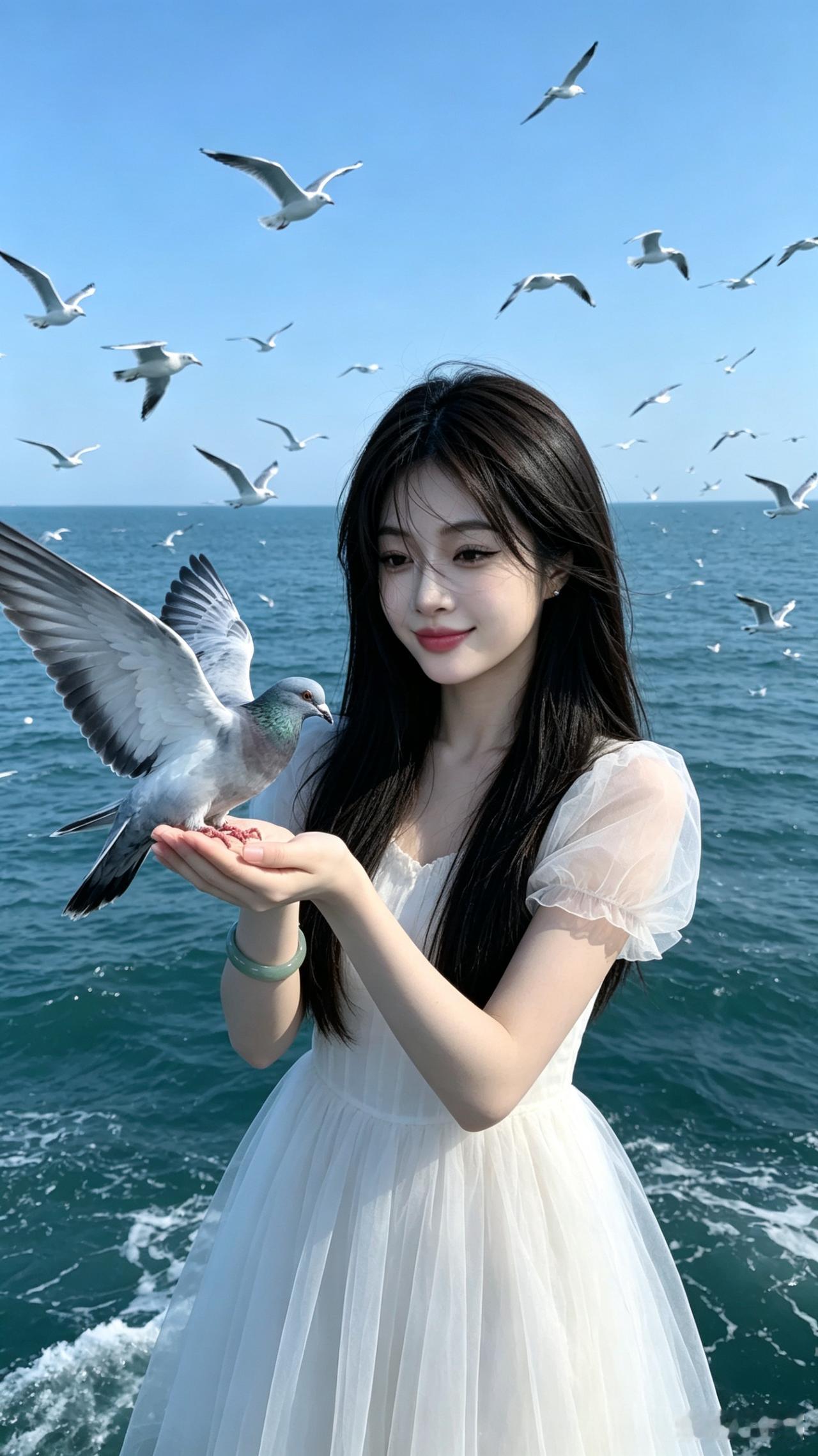 海畔放鸽
碧海晴空映曙光，白裙飘曳海风扬。
素手轻托白羽鸽，明眸带笑盼翱翔。
一