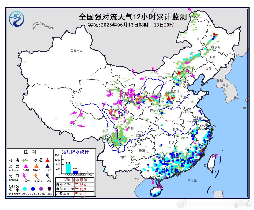 【强对流南北皆有】今天白天，北方对流种类很多，雷雨大风，冰雹、短时强降雨皆有。山