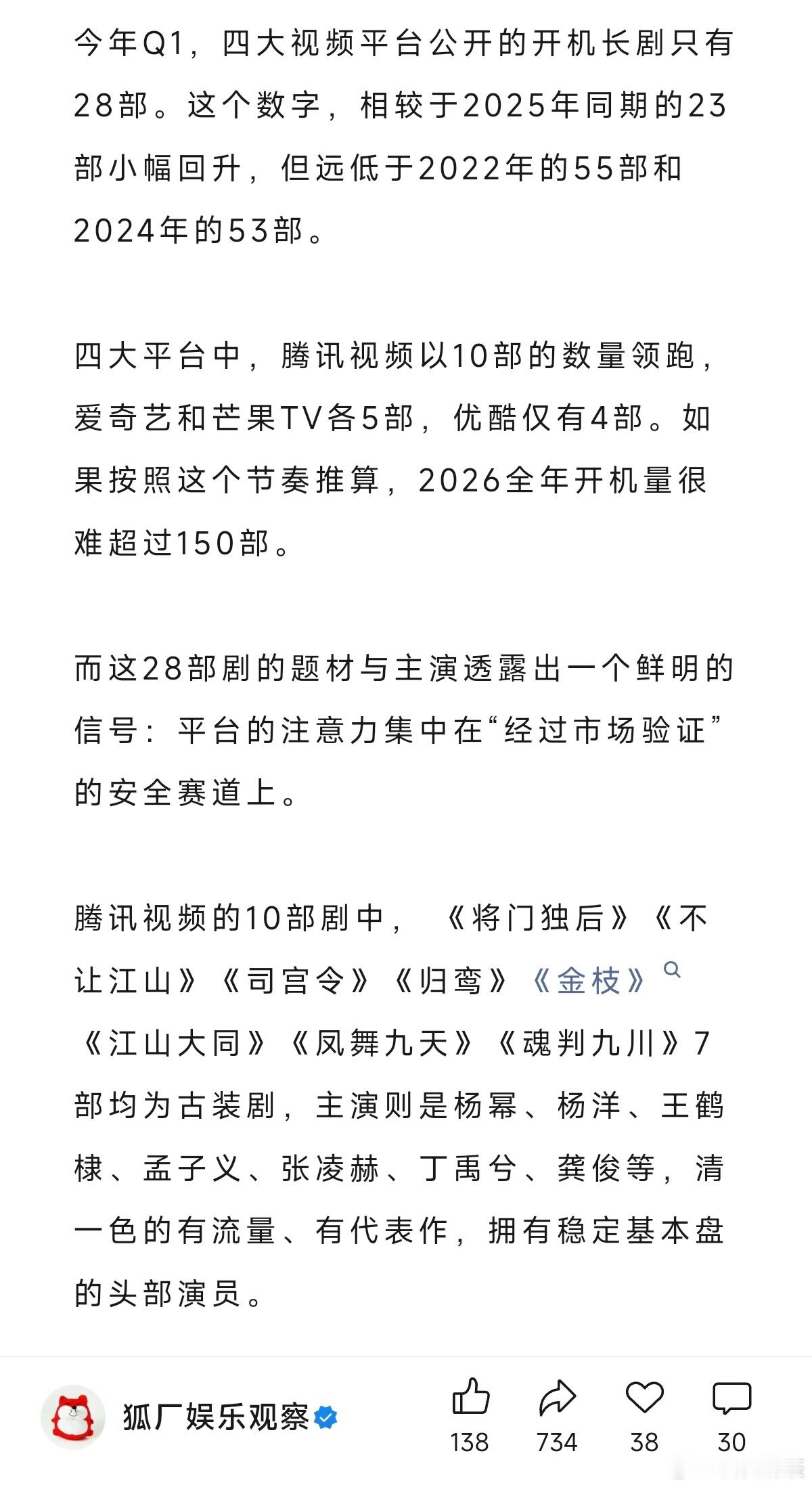狐厂汇总的2026年Q1开机情况👇🏻🐧10部：7部古装剧、2部悬疑剧、1部