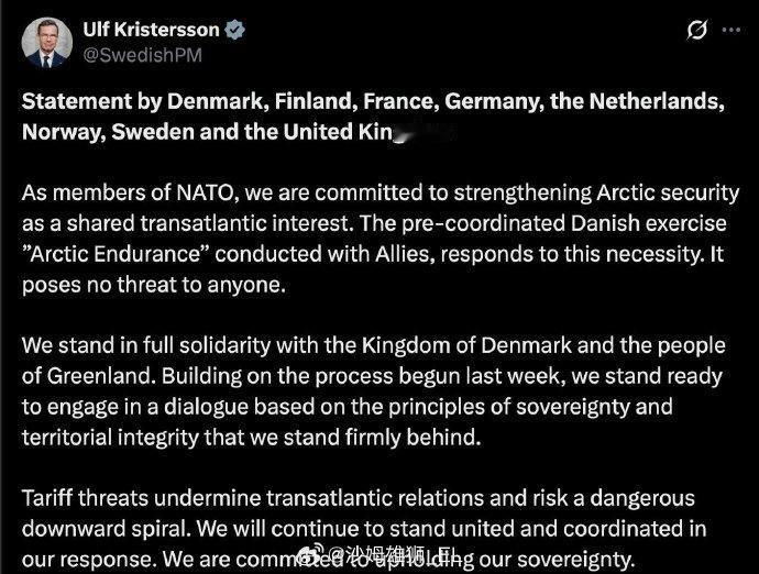 丹麦、芬兰、法国、德国、荷兰、挪威、瑞典和英国的联合声明：
团结一致对抗关税的威