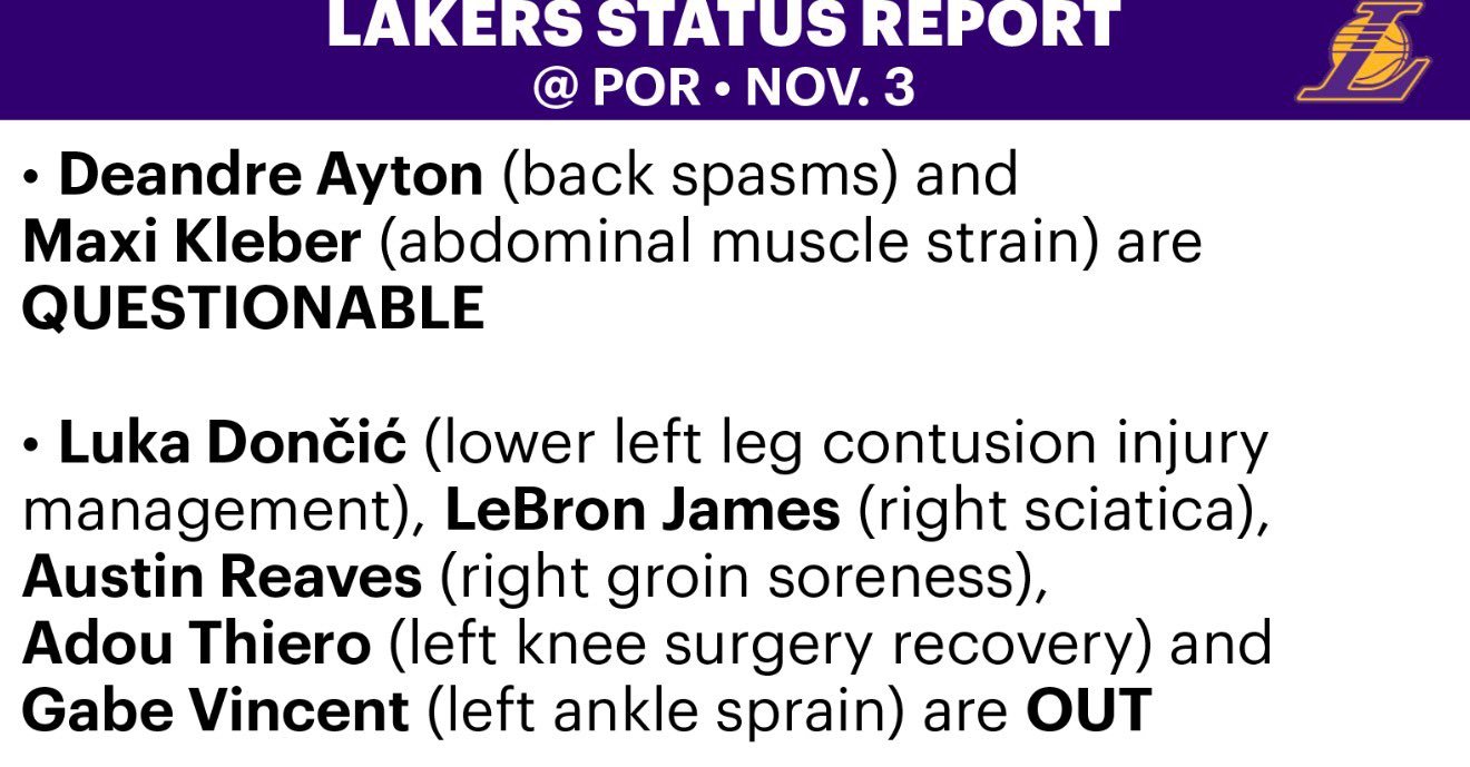 湖人今天背靠背打开拓者：艾顿（背部痉挛）、克勒贝尔（腹部肌肉拉伤）出战成疑。东契