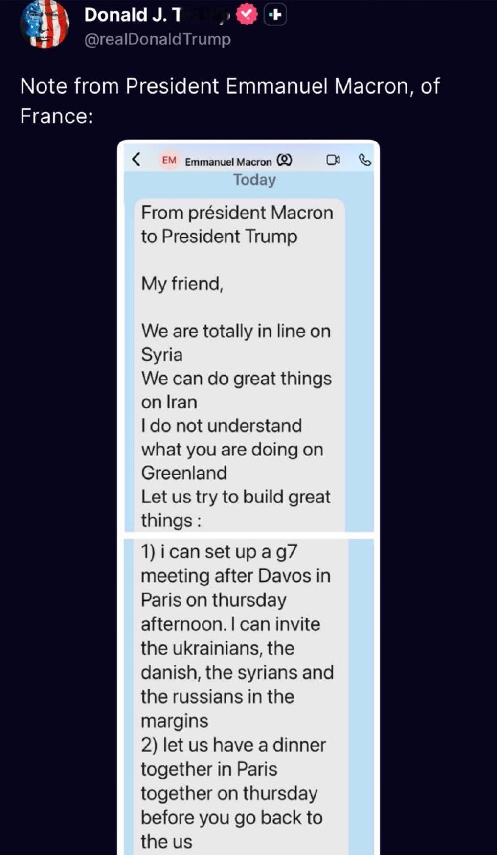 特朗普总统公布了他收到的来自法国总统马克龙的短信：

“我不明白你们在格陵兰岛做