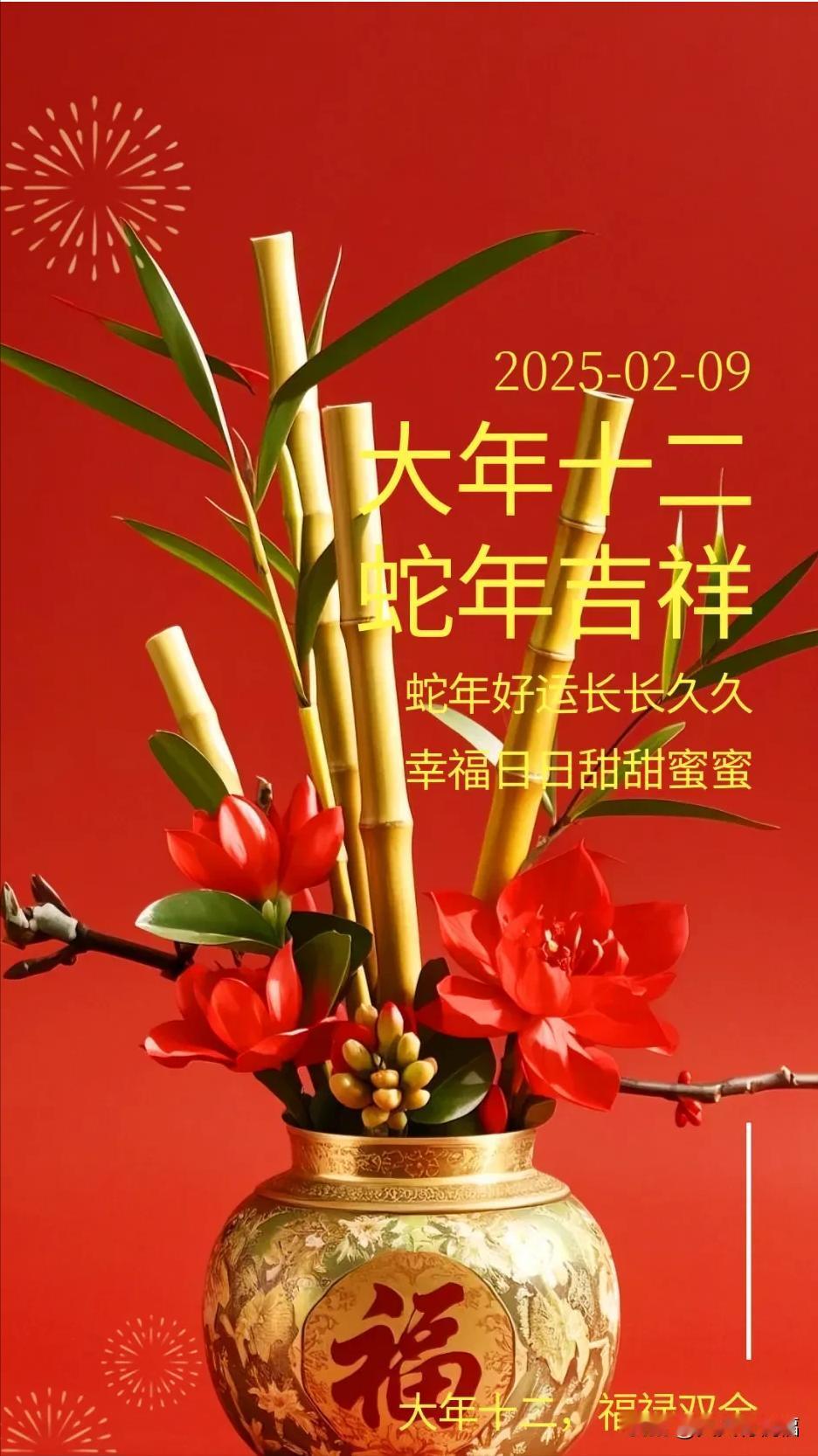 大年十二，新年的第12天，祝你蛇年好运长长久久，幸福日日甜甜蜜蜜！

大年十二暖