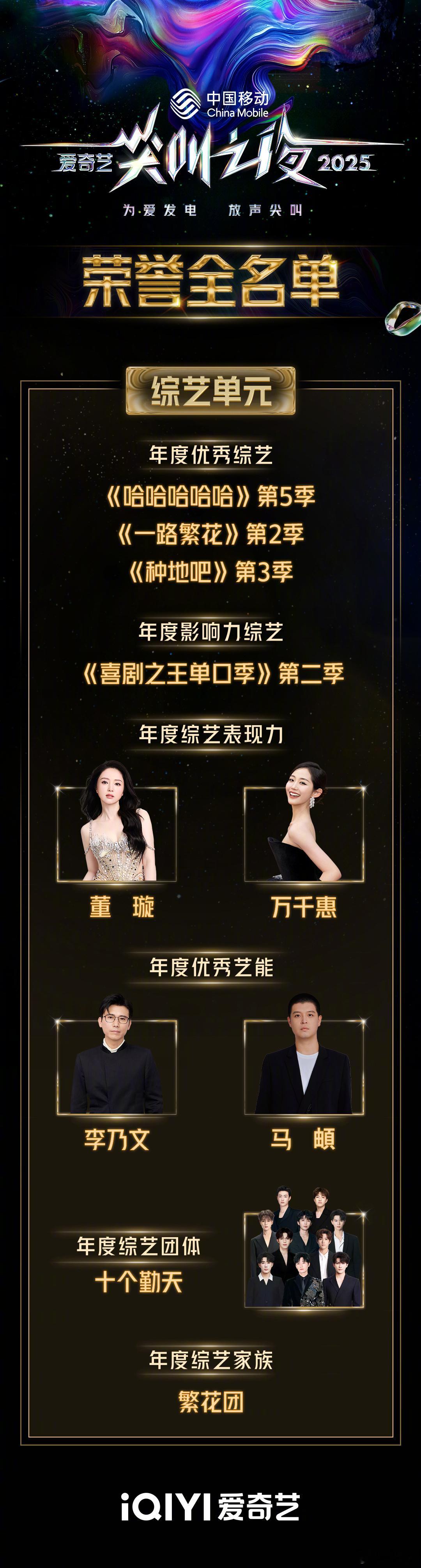 2025爱奇艺尖叫之夜荣誉名单 