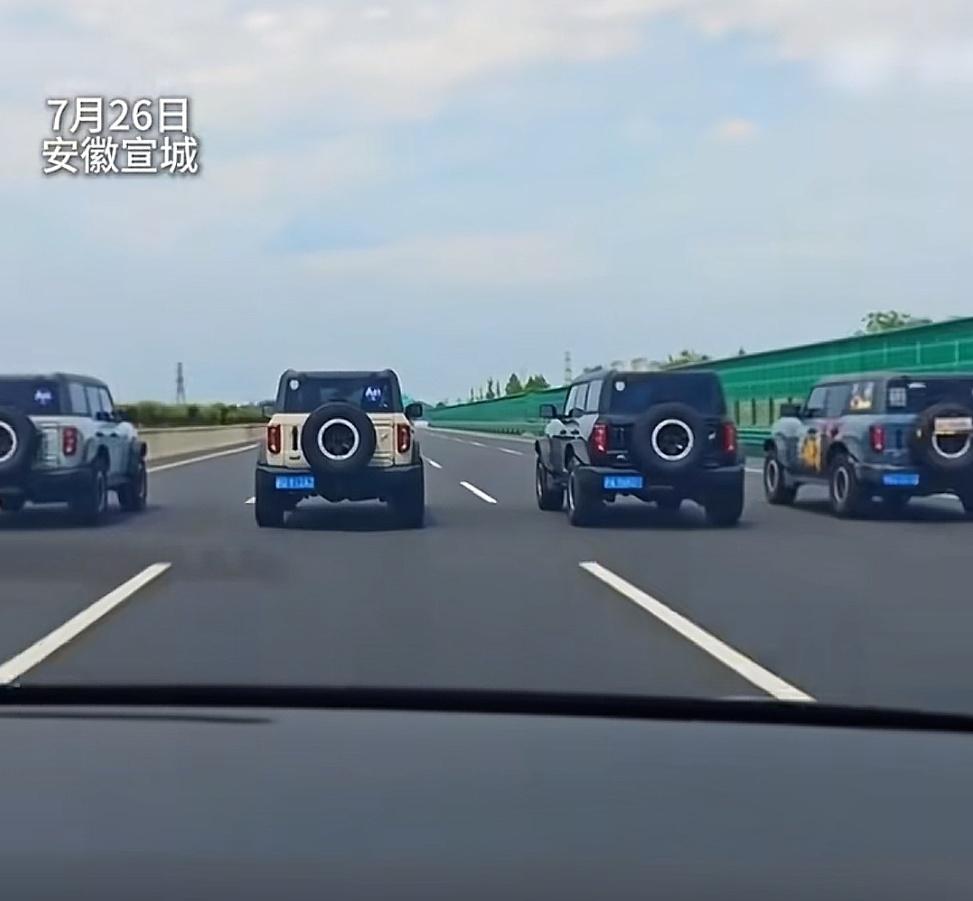 沪渝高速宣城段，横着占满四条车道、压速堵路、恶意封死后方车流的，是四辆结伴出行的