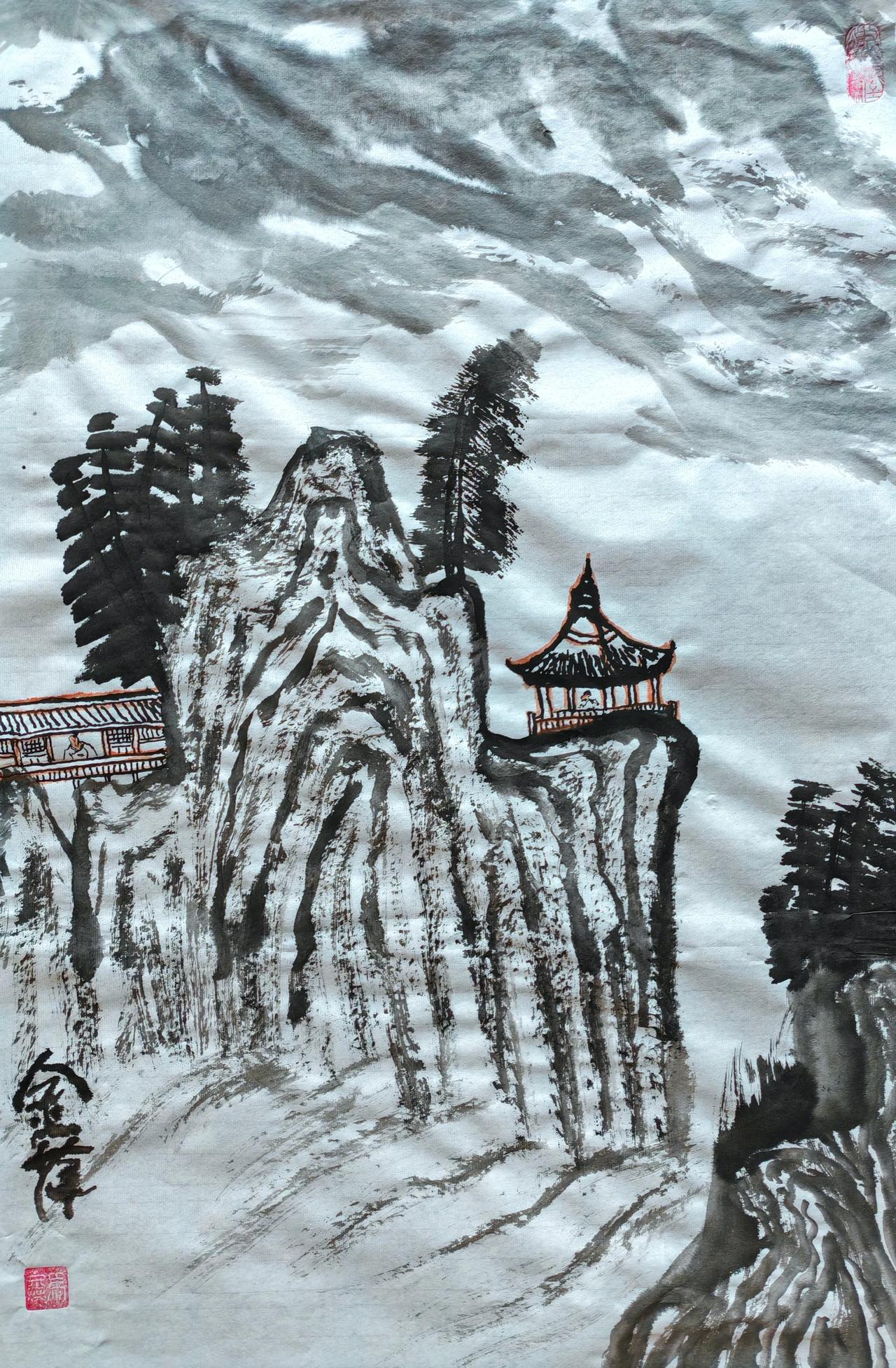 #头等旺事#
一夜秋风天渐凉，
寒霜尽染菊花黄，
蓝天白水映红日，
绿树青山着素