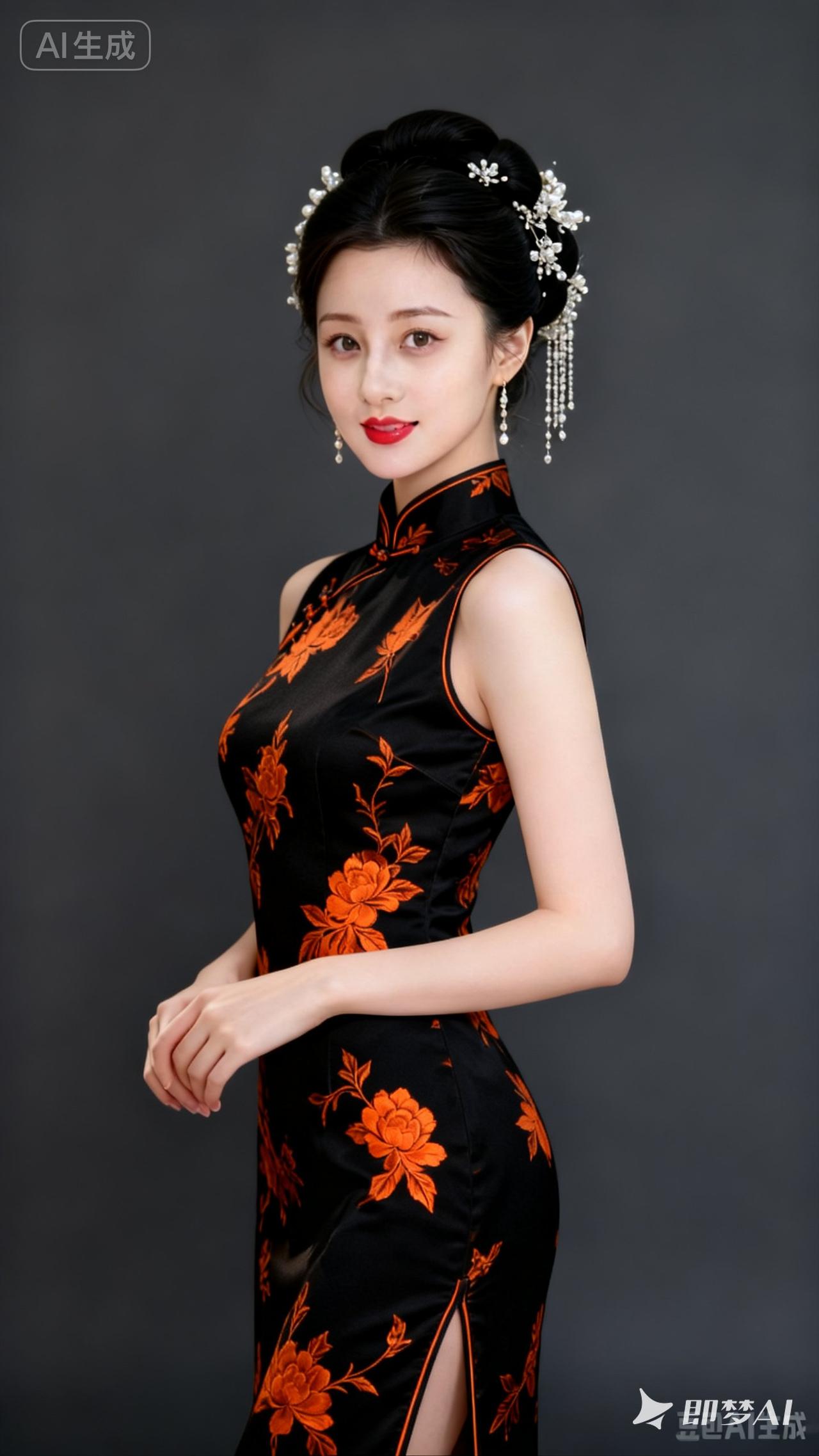 优雅黑裙，东方韵味，惊艳红唇，古典与现代的完美融合。