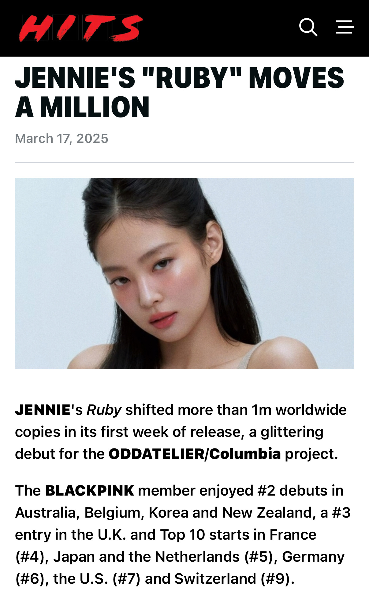 据报道，JENNIE《RUBY》发行第一周全球综销就突破1️⃣0️⃣0️⃣万张 