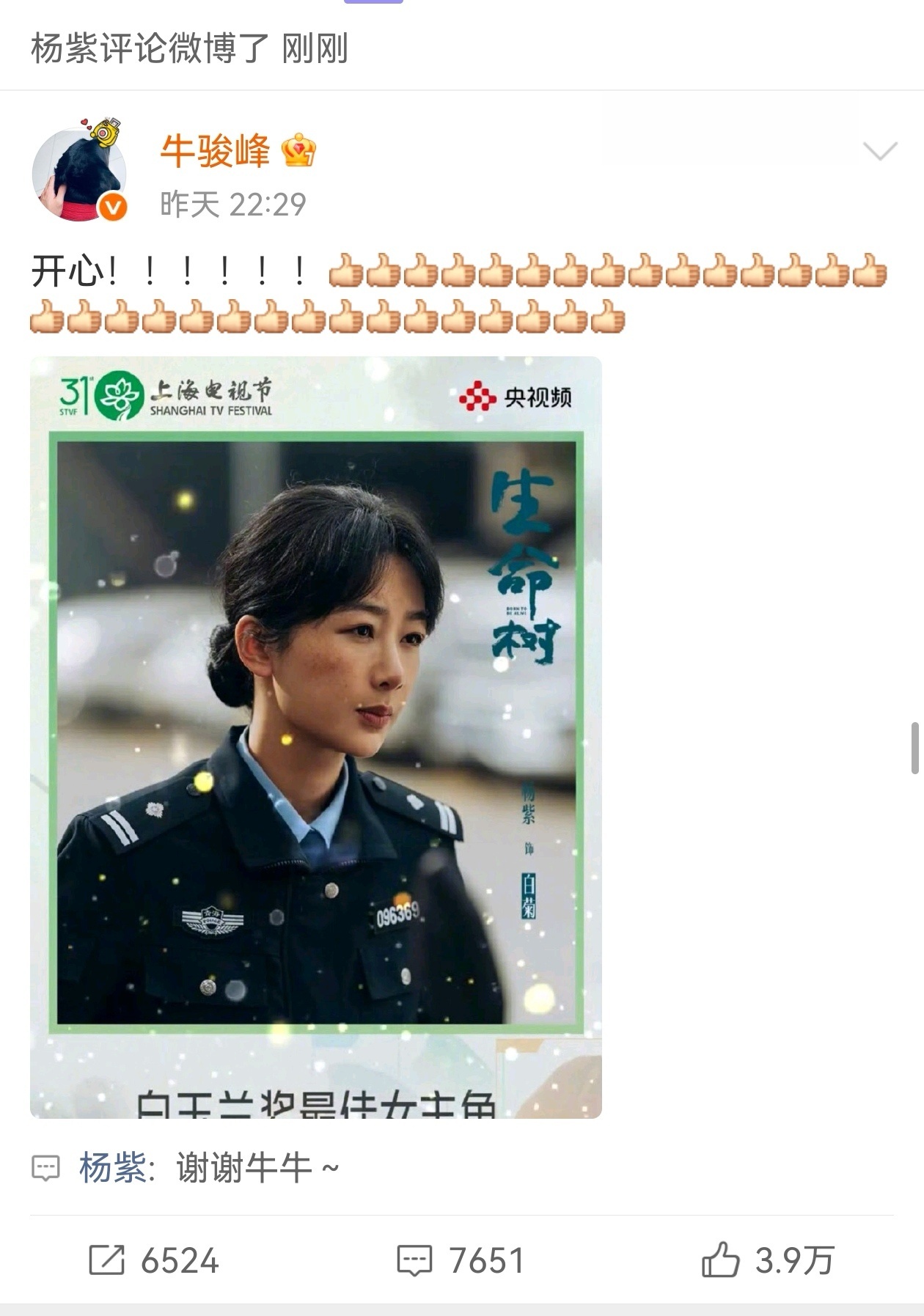 杨紫获奖以来收到很多她很多朋友的祝福 真心的感谢大家刘涛牛骏峰却却大王徐百慧李梦