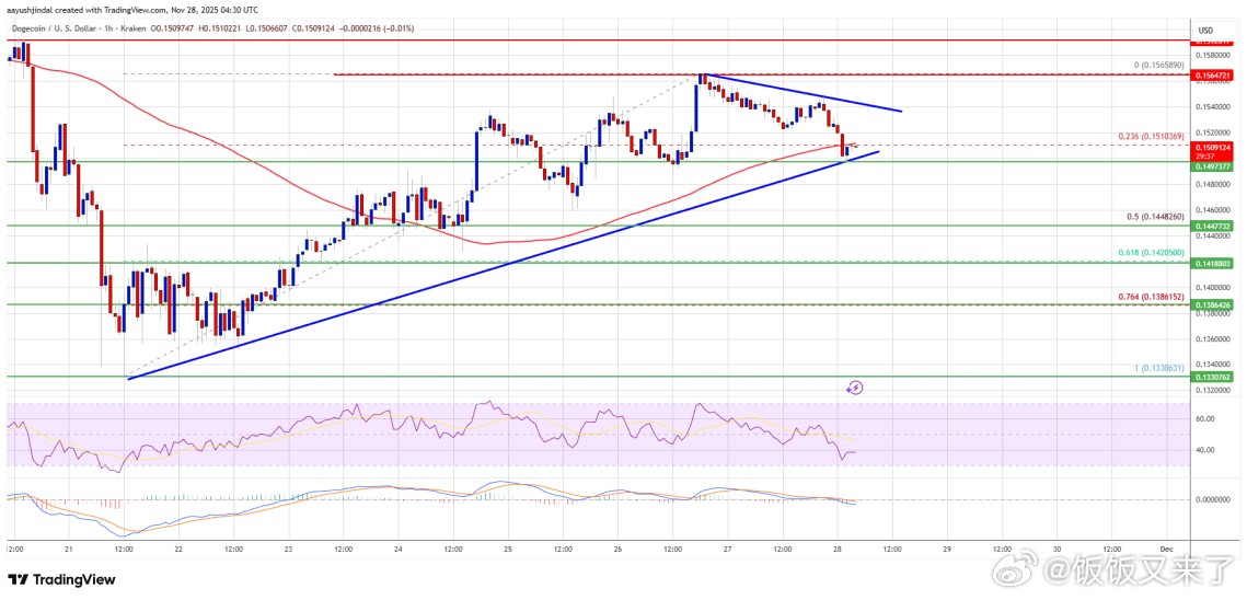 狗狗币持续站稳 0.1550 美元，多头短线占优，但 0.1490 美元是生命线