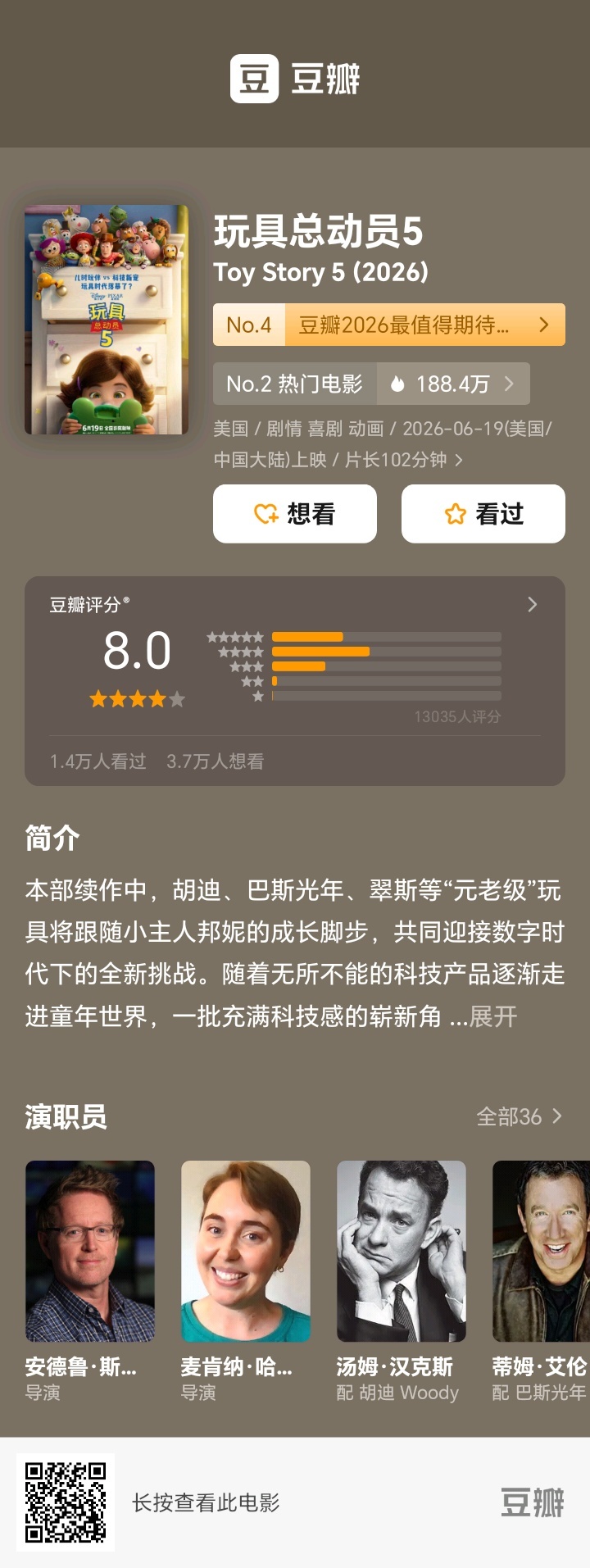 《玩具总动员5》豆瓣开分8分，都还是系列最差，前面几部可见有多好了。 