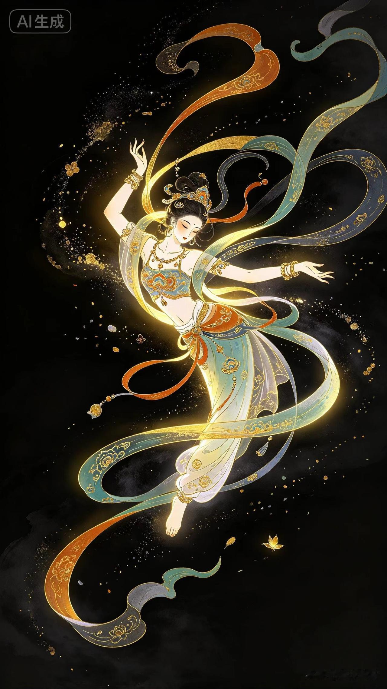 敦煌飞天-3
彩带飘舞入画图。
用AI生成的线描效果图，
然后参照吊威亚实拍摄。