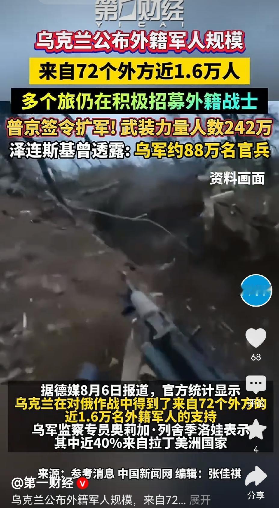 【乌克兰公布有1.6万外籍军人】乌克兰公布的数据显示，有1.6万外籍军人参与其中