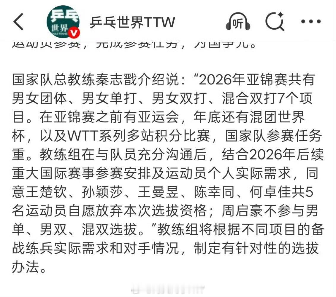 王楚钦孙颖莎王曼昱放弃亚锦赛选拔中国乒协公示2026年亚锦赛选拔办法王楚钦、孙颖