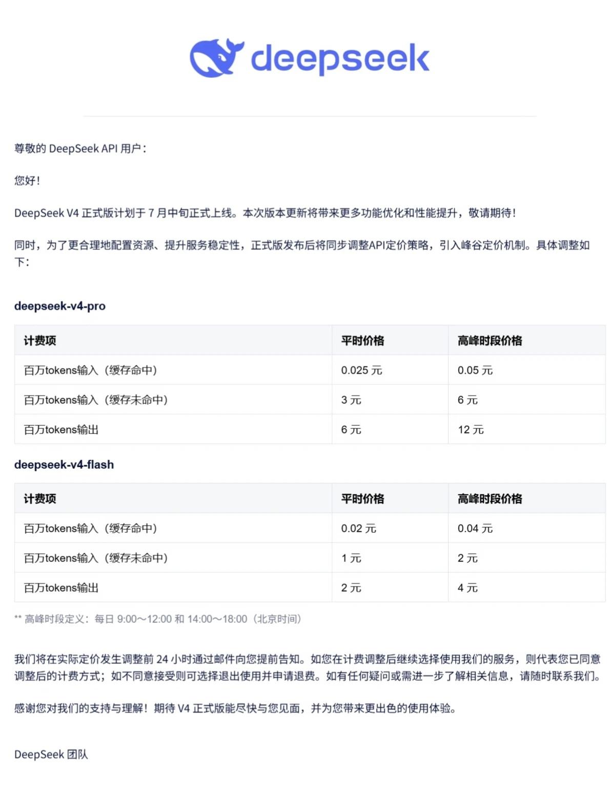 Deepseek 你涨价了
刚刚收到邮件，deepseek引入峰谷定价
高峰时段