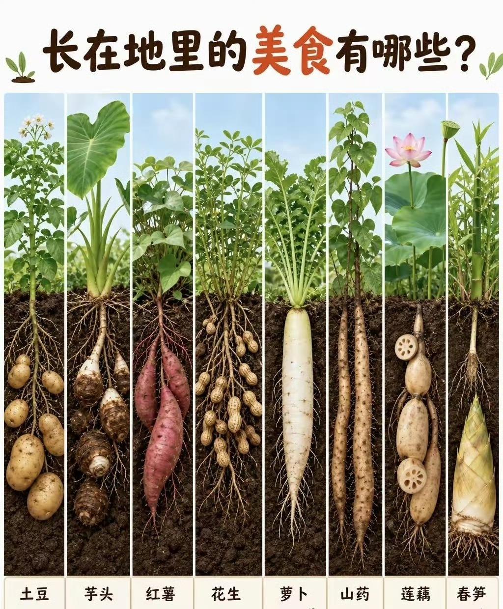 原来这些美食，都藏在泥土下面！
一张图看懂长在土里的美味🥔
土豆、芋头、红薯、