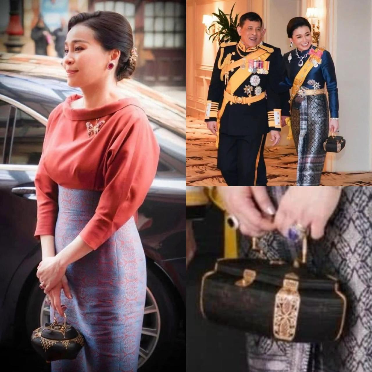 苏提达的包包有特色，古色古香好漂亮
苏提达王后去英国参加，查尔斯三世的加冕礼，随