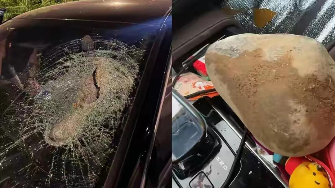 北京，一男子凌晨4点44分，在高速上开车，突然，从对向车道飞来了一块石头，击穿了
