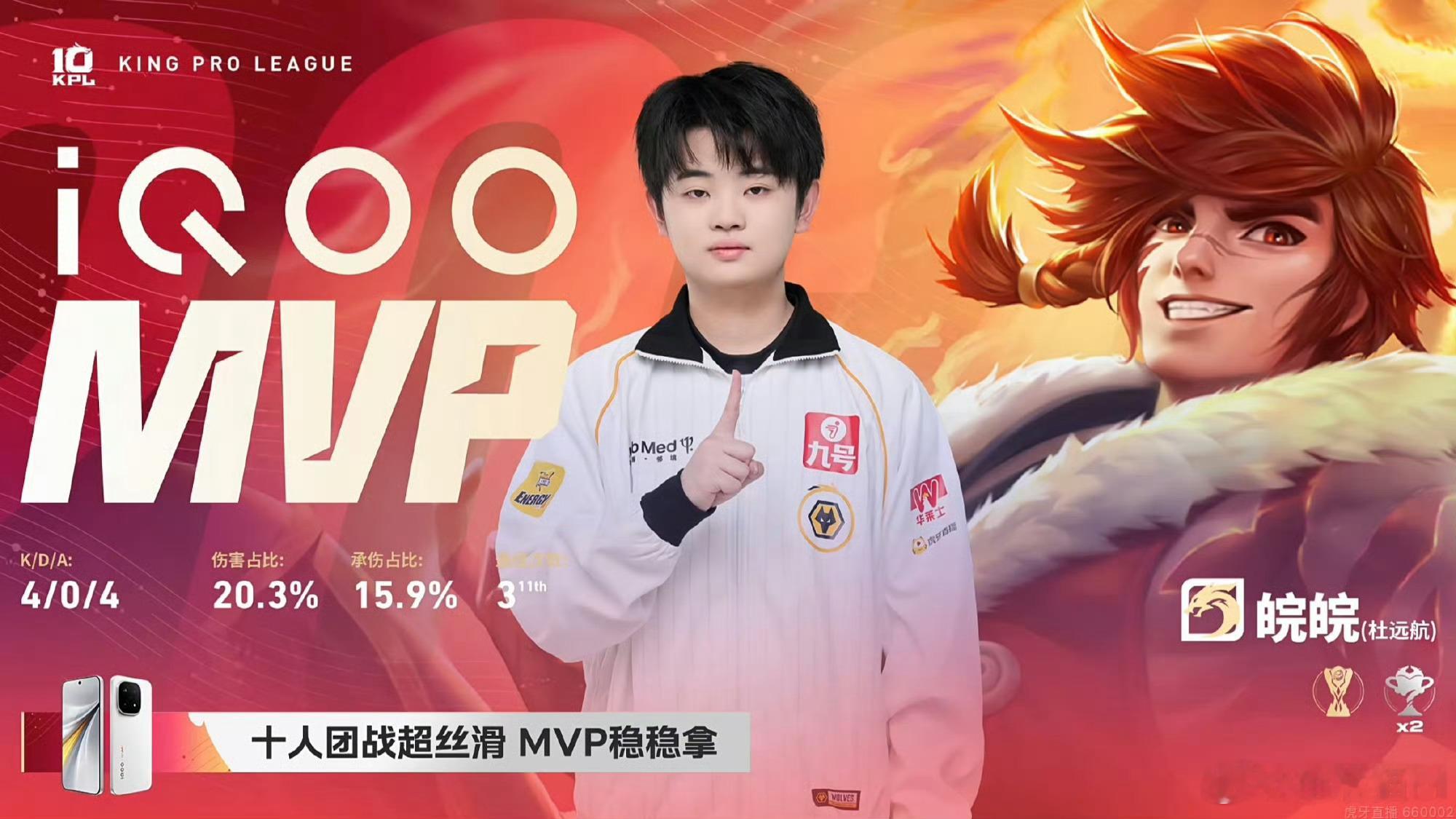 重庆狼队扳回一分，目前比分1:2本局MVP给到了皖皖的裴擒虎！皖皖裴擒虎四杀狼队