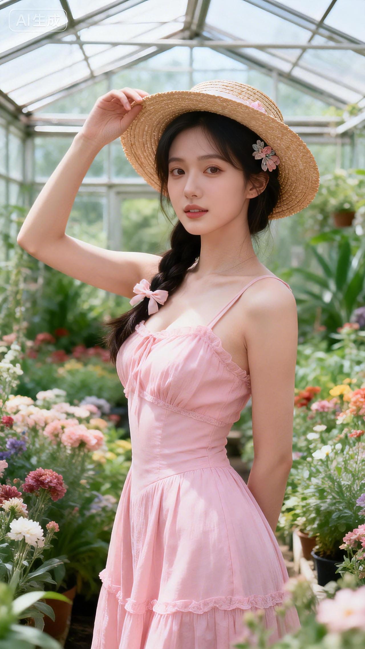 花房弄影裙沾露，一顶草帽避晴柔豆包 壁纸