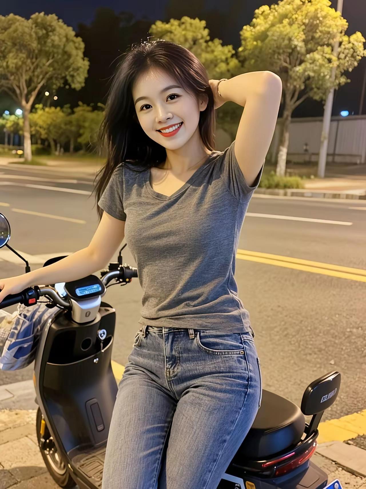 夜晚的街角，甜美笑容，时尚穿搭，爱不释手的电动车，生活如此美好！🌙💖🚴‍♀