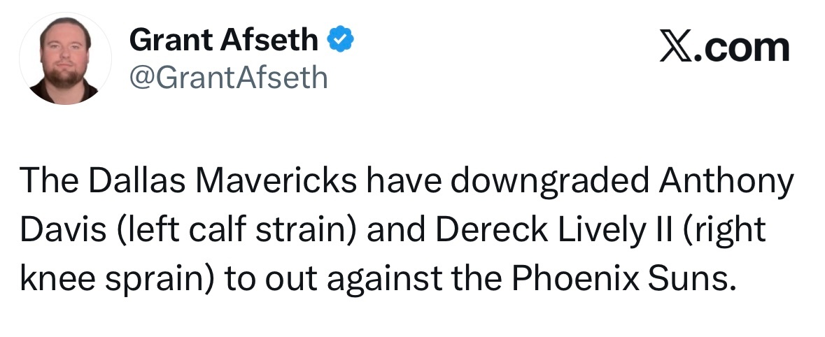 独行侠队已将戴维斯（左小腿拉伤）和莱夫利（右膝扭伤）的出战状态下调为“缺阵”，无