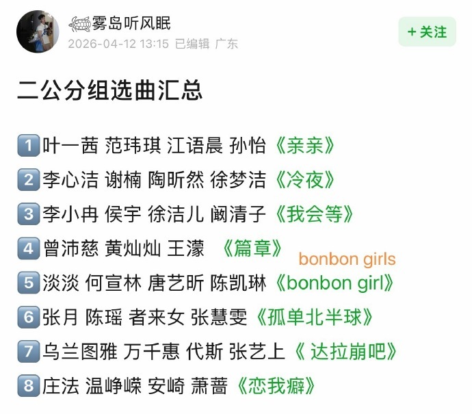 浪姐二公分组选曲叶一茜 范玮琪 江语晨 孙怡《亲亲》李心洁 谢楠 陶昕然 徐梦洁