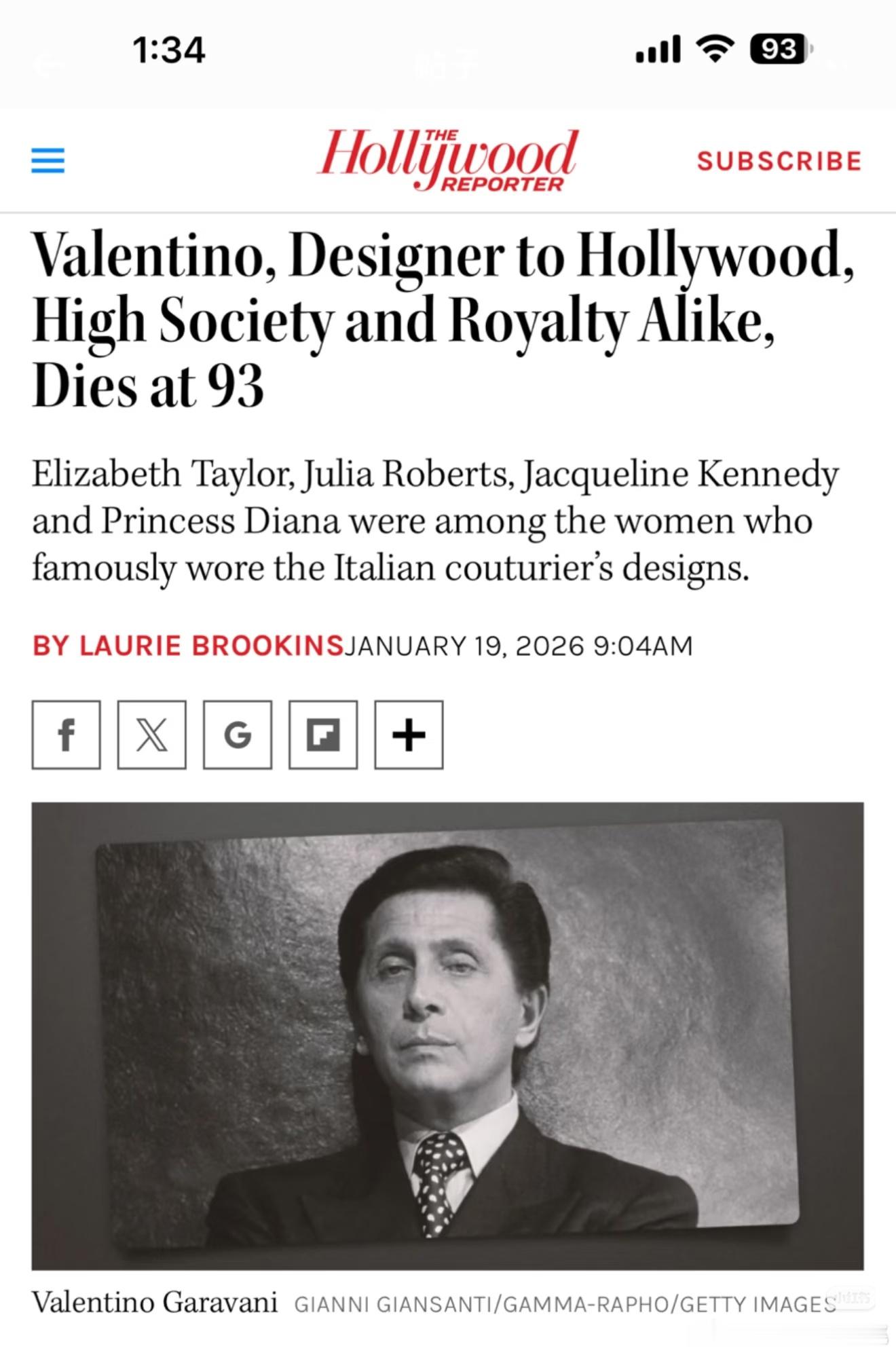 意大利传奇设计师、高级定制大师Valentino Garavani 于昨日逝世，